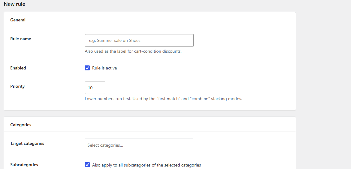 New WooCommerce category discount rule general settings with rule name, enabled toggle and priority