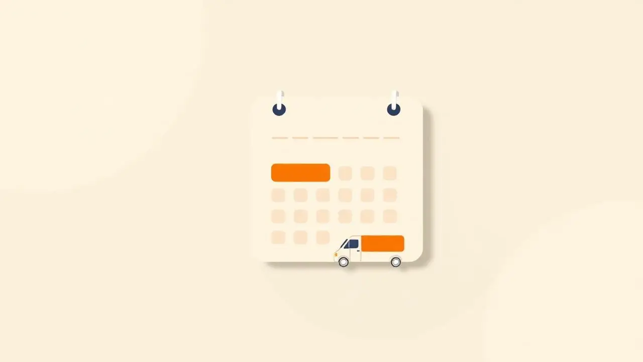 WooCommerce checkout calendar with a chosen delivery date highlighted next to a delivery van