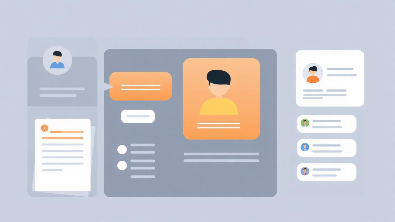 Client notes on profile illustration with chat bubbles and contact card