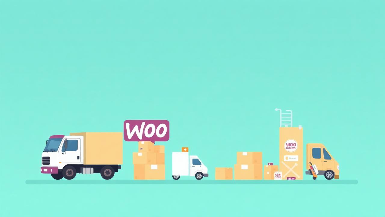 WooCommerce shipping per product illustration with delivery trucks and packages