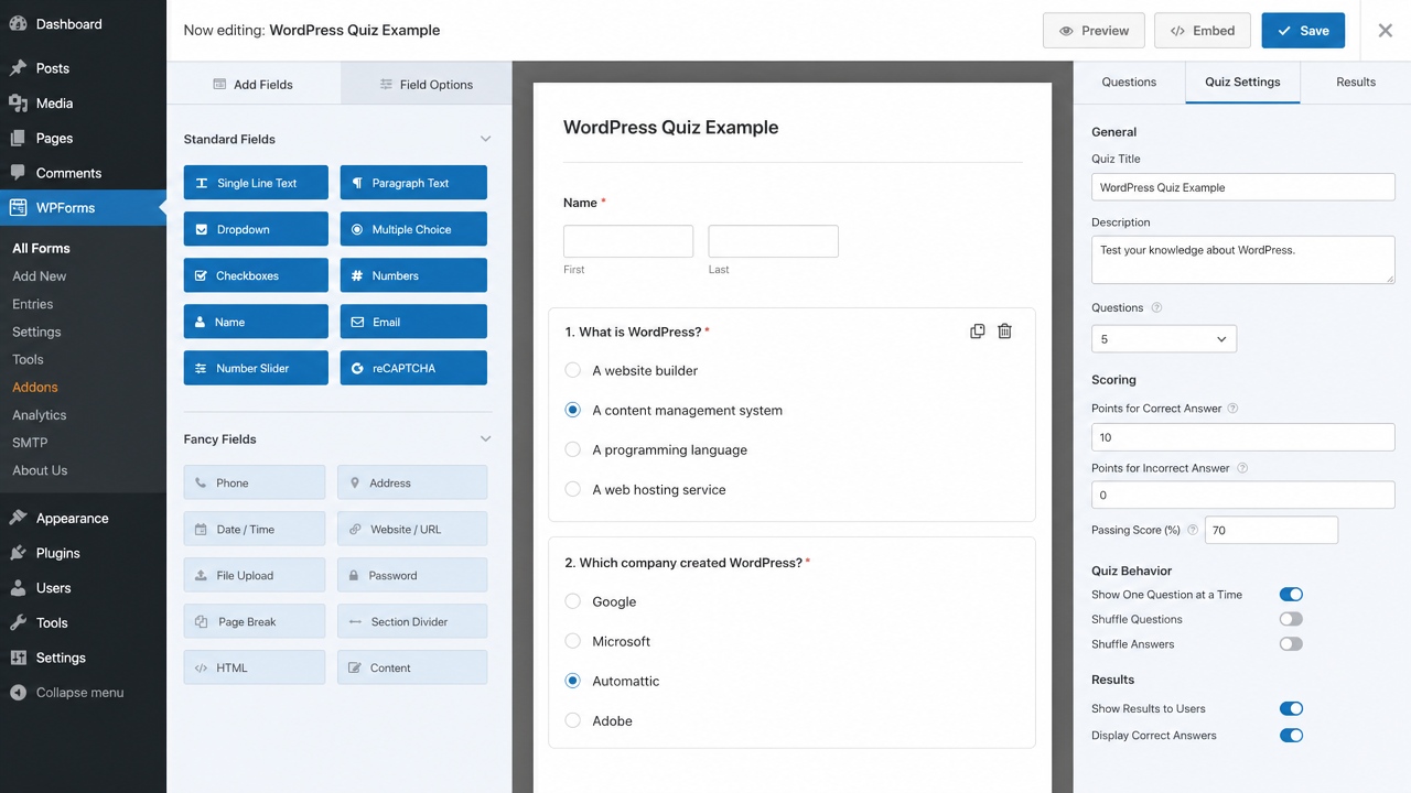 WPForms Quiz Addon settings screen with questions, scoring and result options