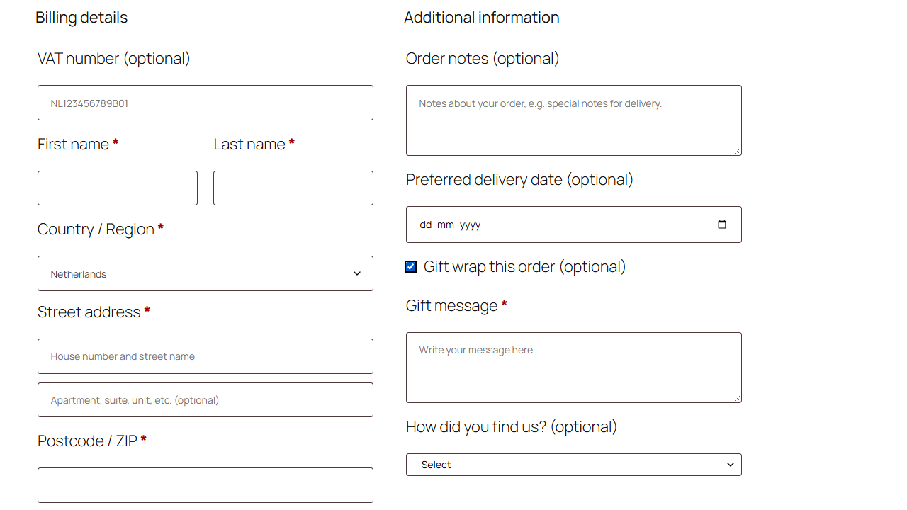 Classic checkout where ticking gift wrap reveals a required gift message field
