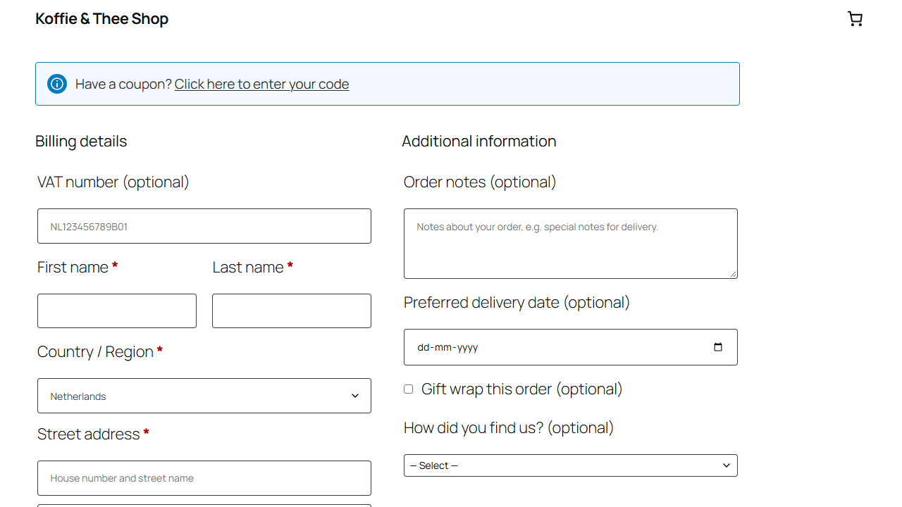 Classic WooCommerce checkout with a VAT number, delivery date and gift fields