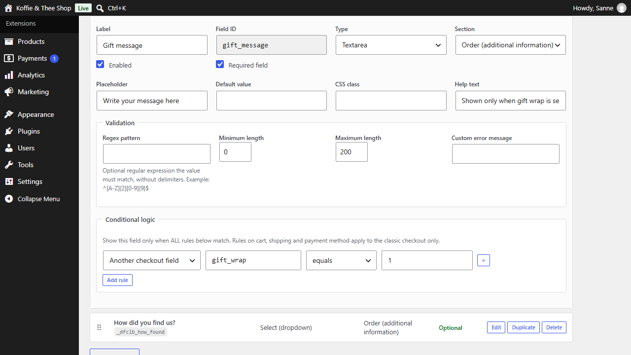 Field editor with validation settings and a conditional logic rule