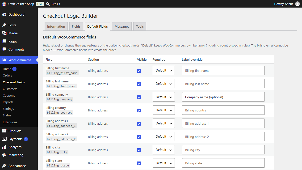 Default Fields tab to hide, relabel or require built-in WooCommerce checkout fields