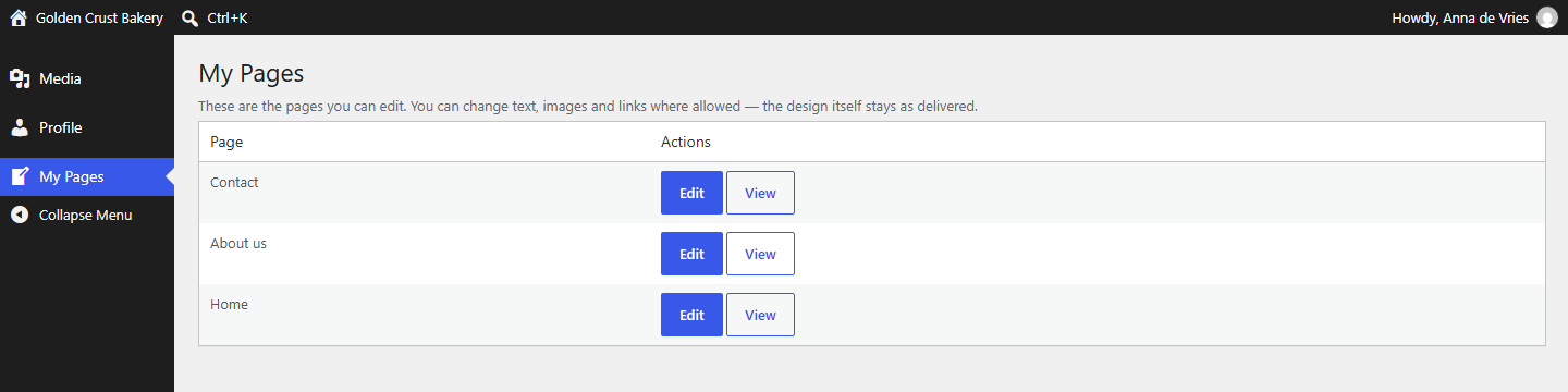 The simplified My Pages dashboard a Dreamfox Client Editor sees, with an Edit and View button per assigned page