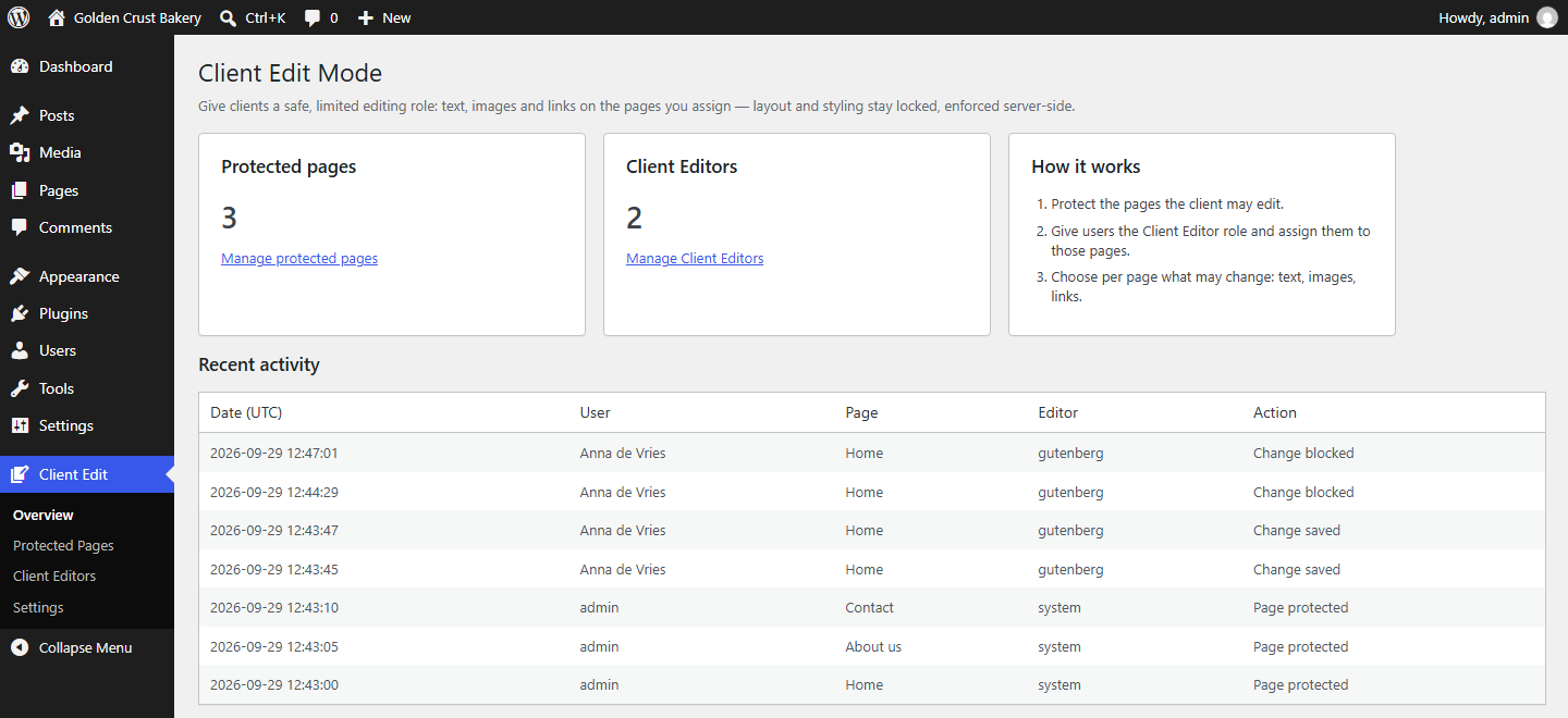 Dreamfox Client Edit Mode overview with protected page and Client Editor counts and a recent activity log of saved and blocked changes