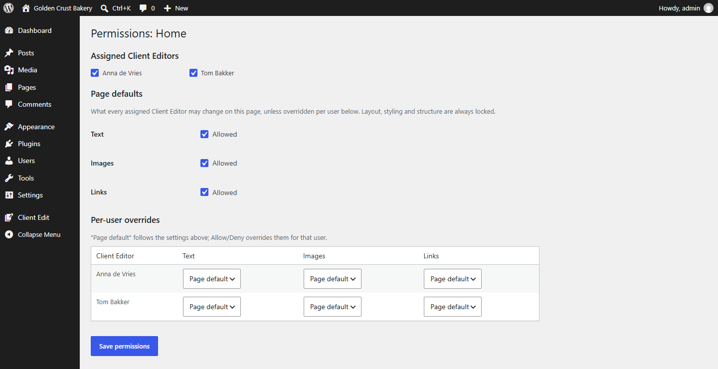 Dreamfox Client Edit Mode page permissions screen with text, images and links defaults and per-user overrides