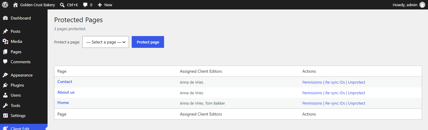 Dreamfox Client Edit Mode Protected Pages screen listing three protected pages with their assigned Client Editors