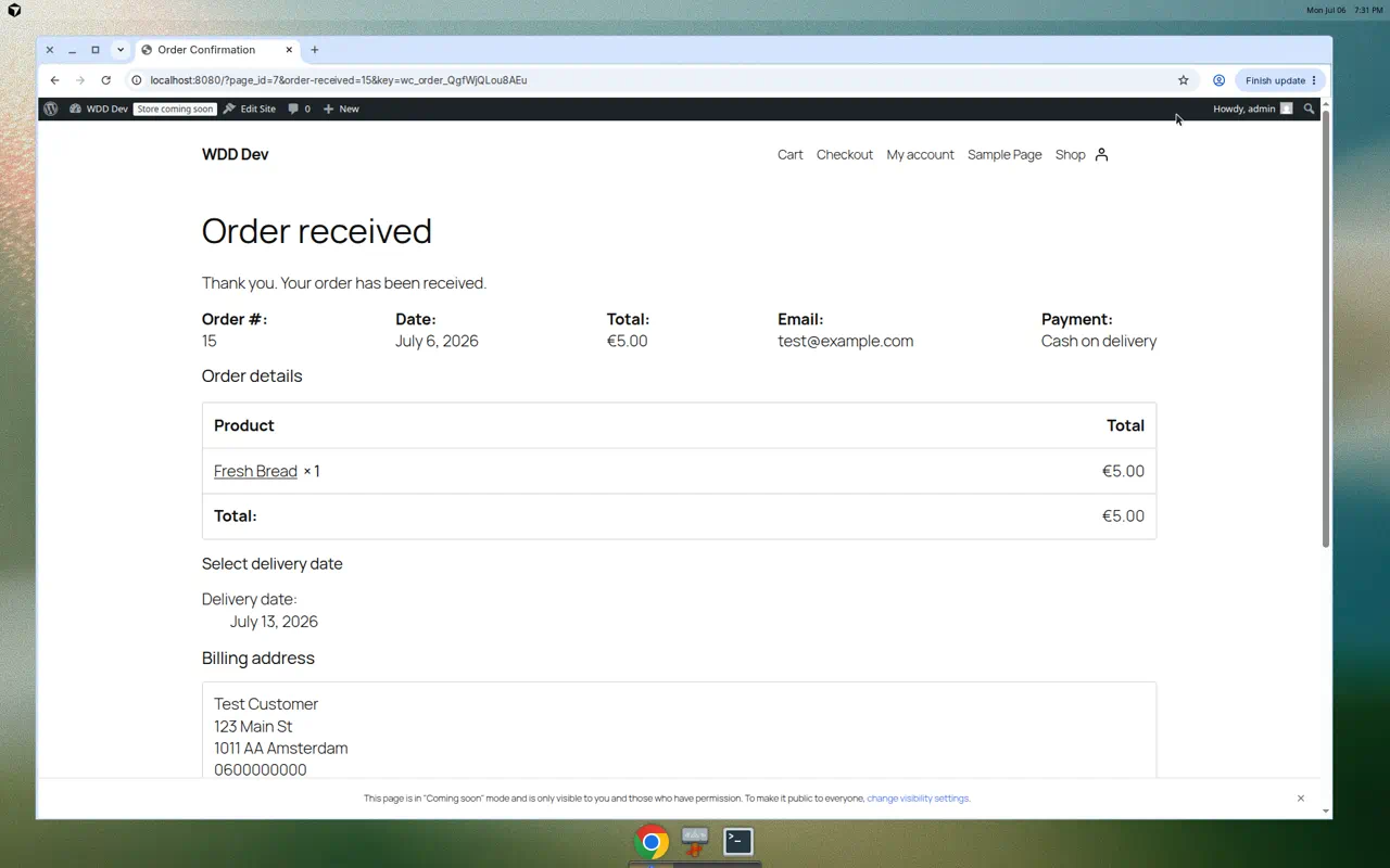 WooCommerce order received page showing the selected delivery date under order details