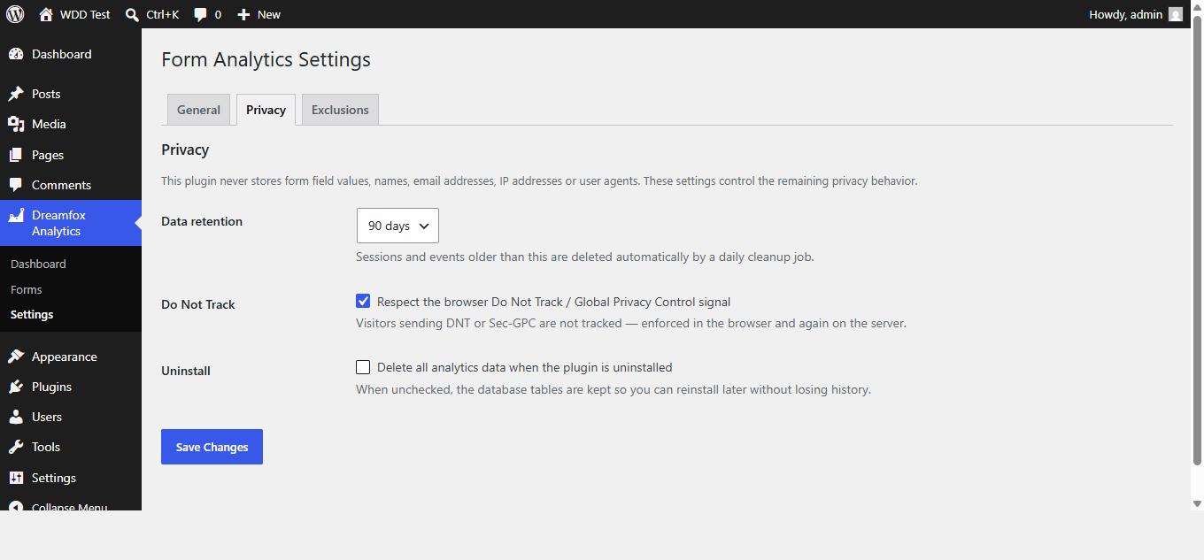 Dreamfox Form Analytics privacy settings with data retention, Do Not Track and uninstall data-deletion options