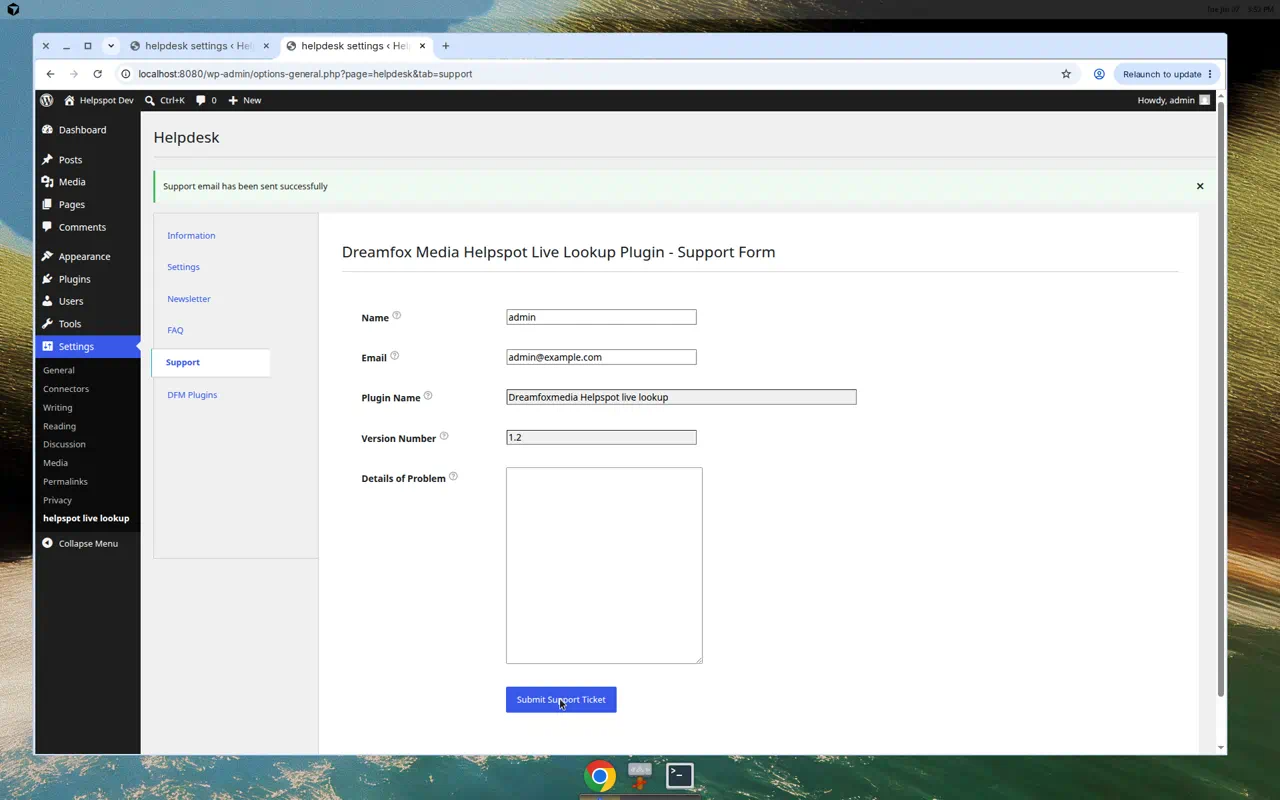 Dreamfoxmedia HelpSpot Live Lookup WordPress plugin built-in support ticket form in the WP admin