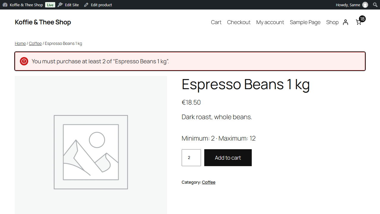 WooCommerce product page with an error notice when the minimum quantity is not reached