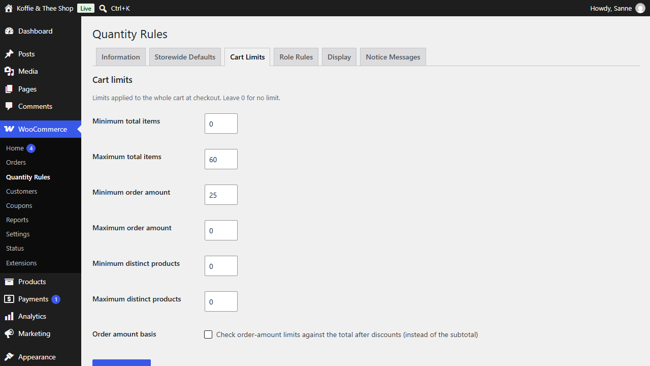 Cart limits tab with minimum and maximum items, order amount and distinct products
