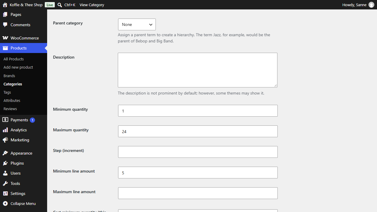 WooCommerce product category edit screen with quantity and line amount limits
