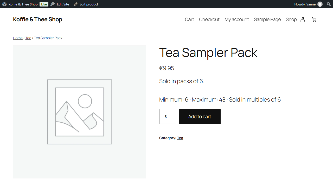 WooCommerce product page showing the minimum, maximum and step hint above the quantity field