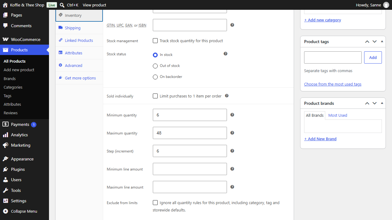 WooCommerce product edit screen with minimum, maximum and step quantity fields in the Inventory tab