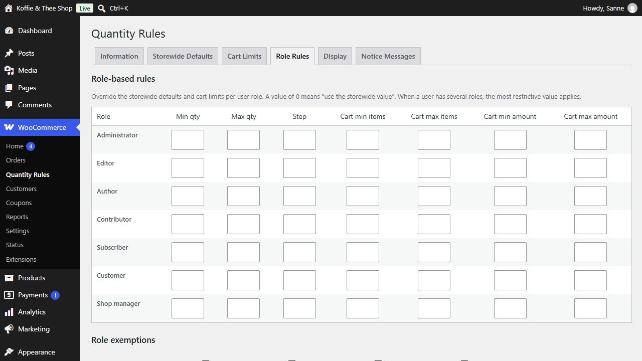 Role rules tab to override quantity limits per user role such as wholesale