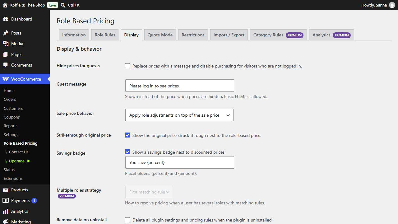 Display settings for strikethrough prices and the savings badge