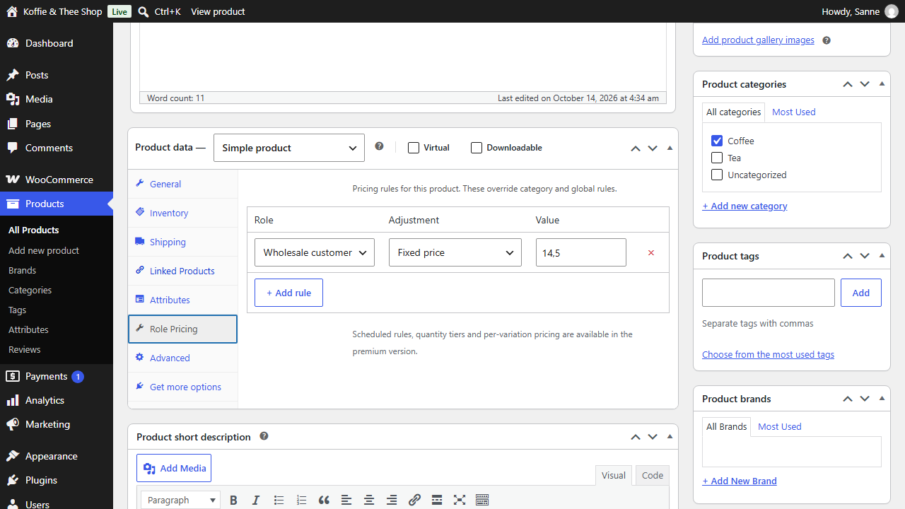 WooCommerce product editor with a Role Pricing tab holding a fixed wholesale price