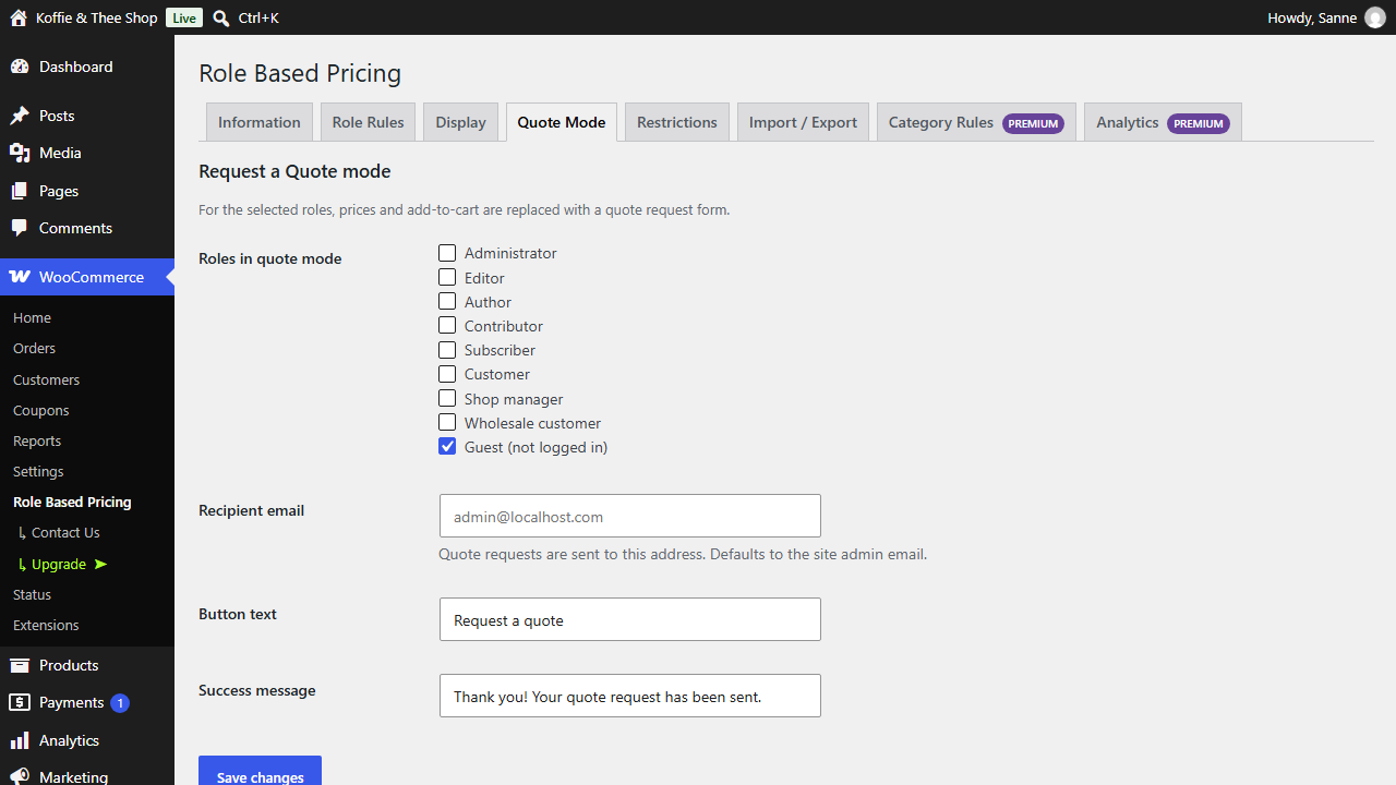 Quote mode settings to replace prices with a quote request form for selected roles