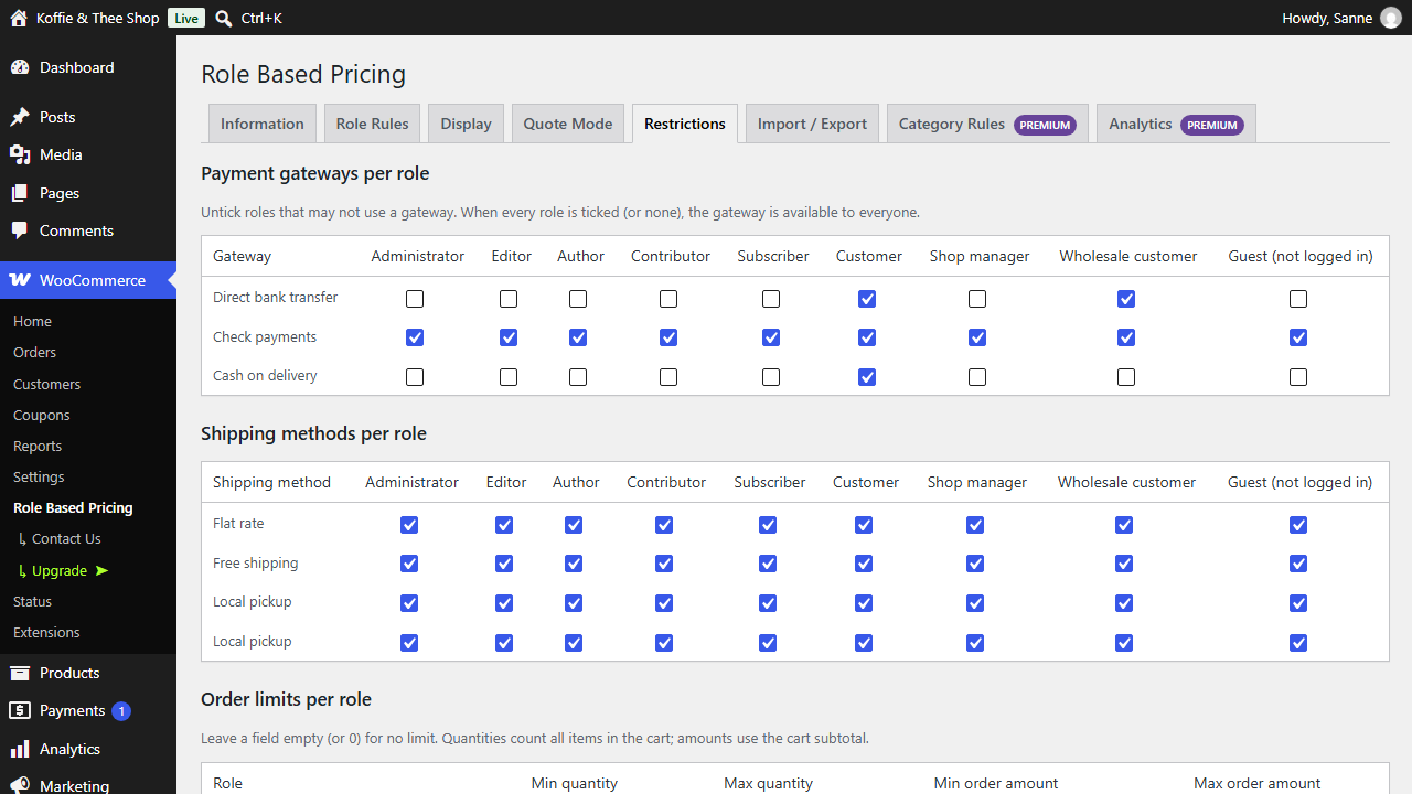 Restrictions tab with payment gateways and shipping methods limited per user role