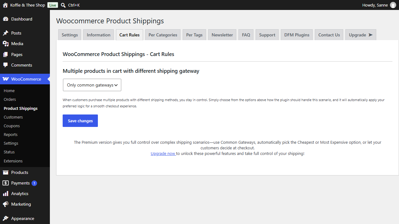 Cart Rules tab of the plugin settings with the option Only common gateways for carts with products that have different shipping methods