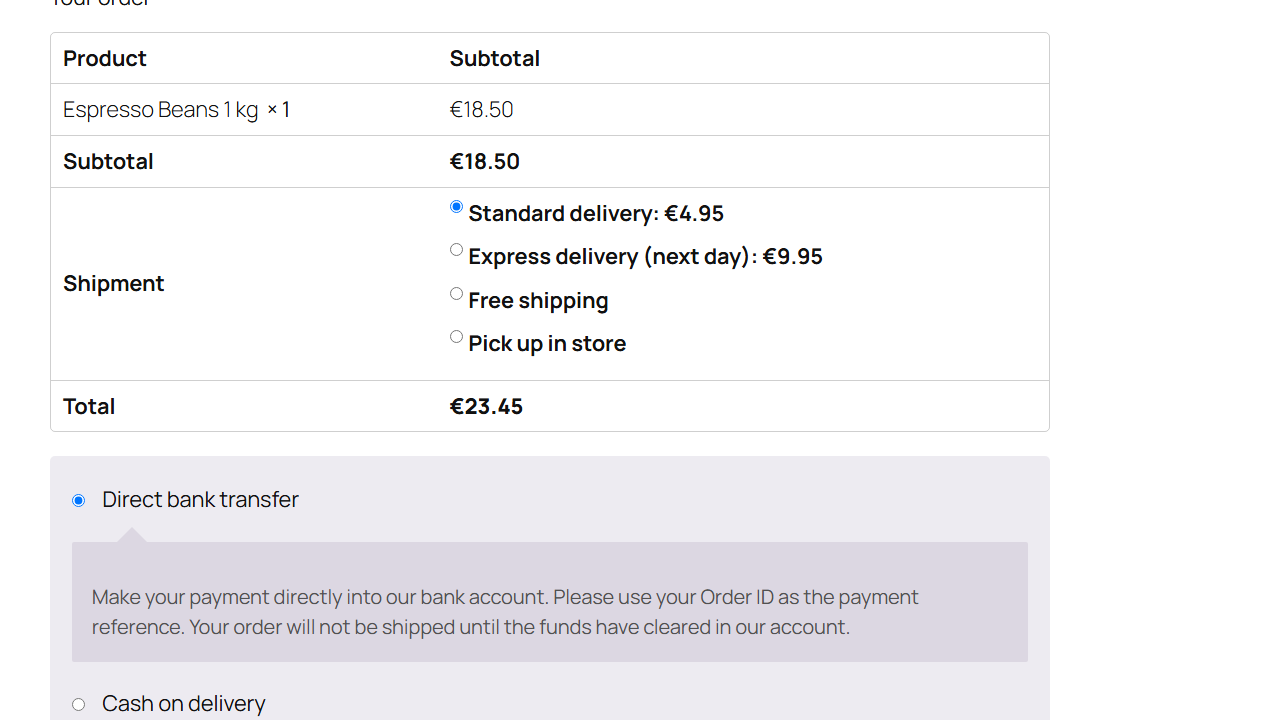 Classic checkout where a product without restrictions shows Standard delivery, Express delivery, Free shipping and Pick up in store