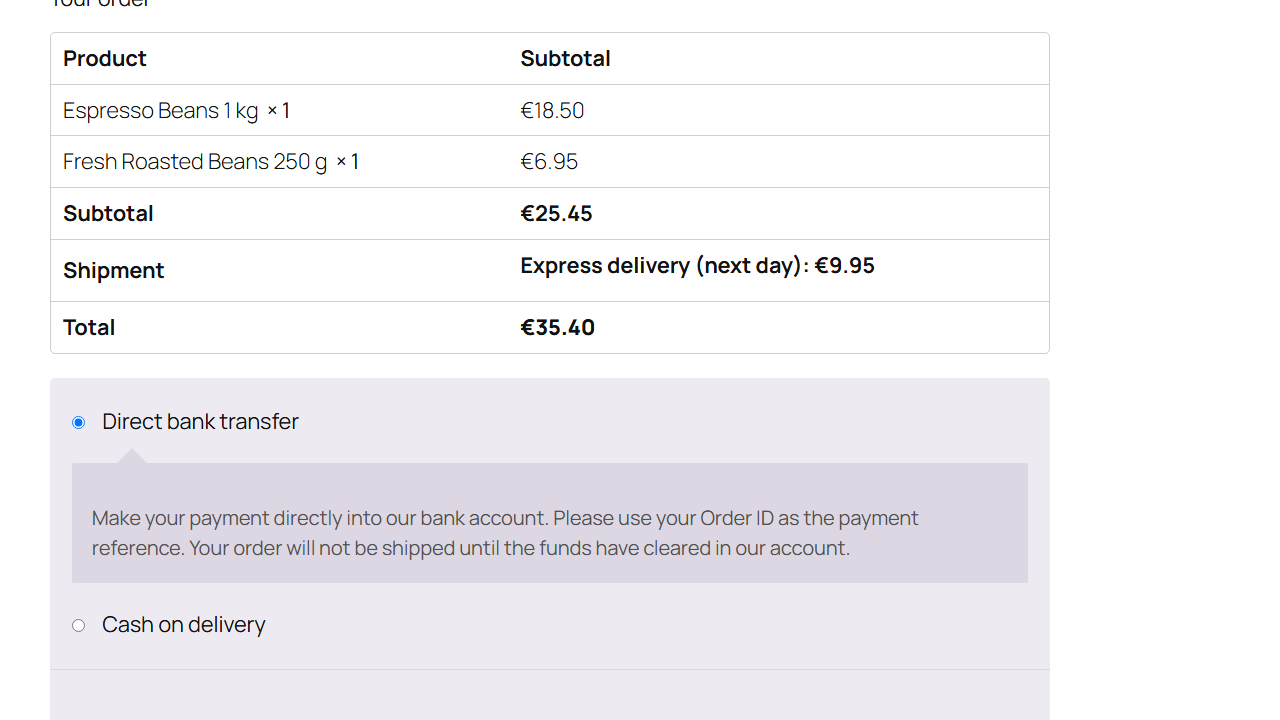 Classic checkout with two products where only the shipping method both products allow, Express delivery, is shown