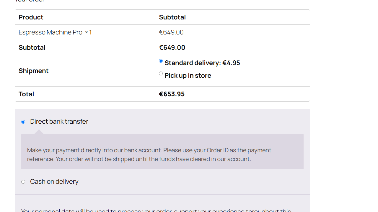 Classic checkout showing only Standard delivery and Pick up in store for a heavy product that is not allowed free shipping