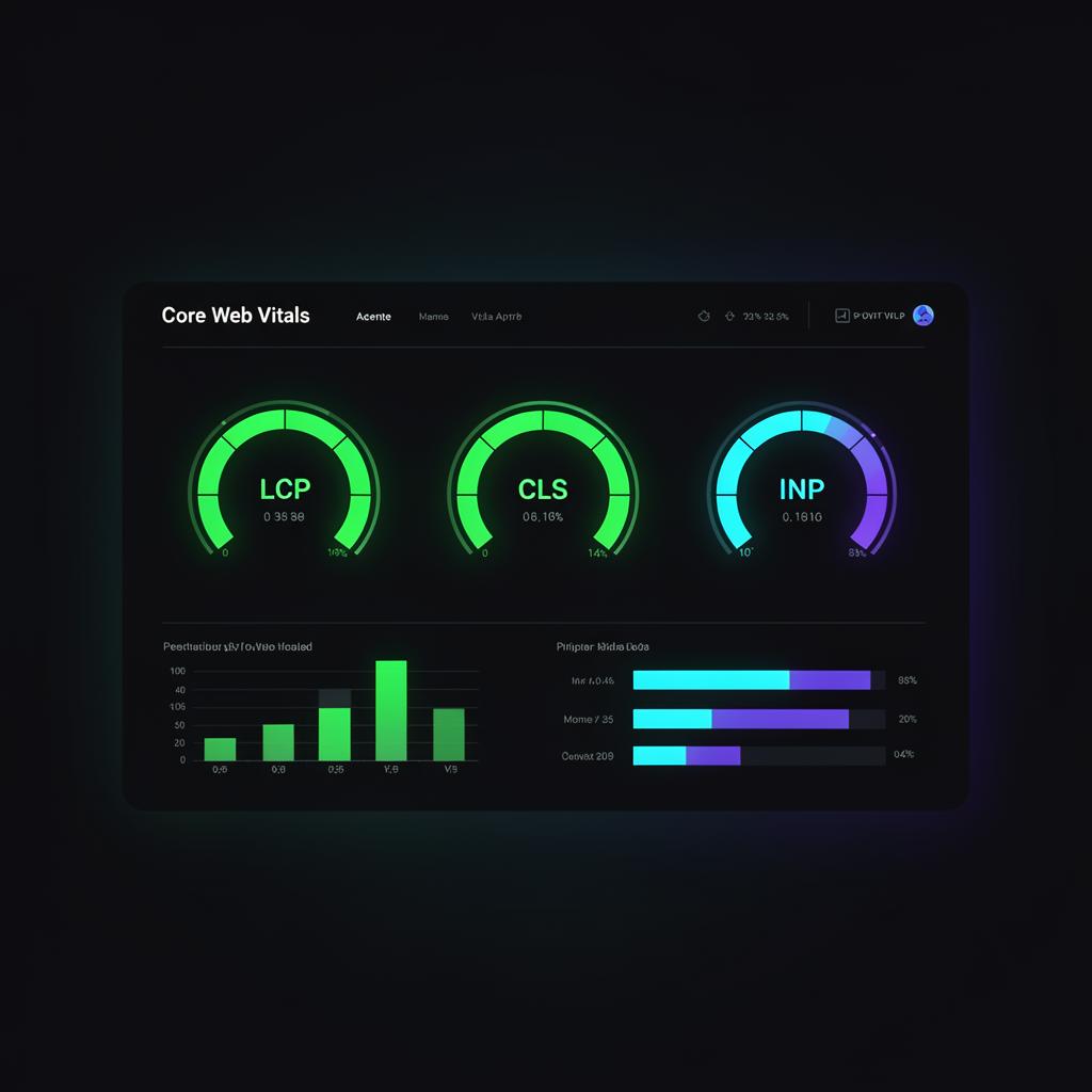 Core Web Vitals dashboard with green LCP, CLS and INP scores