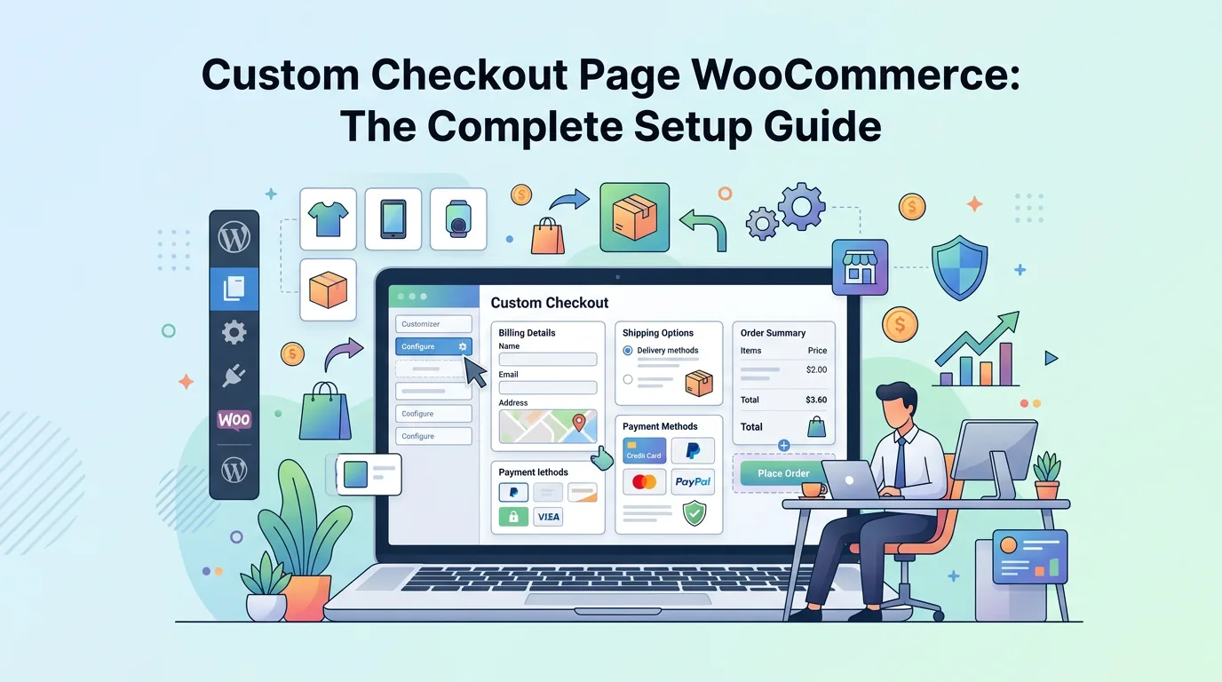 A laptop screen displaying a custom checkout page WooCommerce interface with simplified fields and a green conversion arrow.