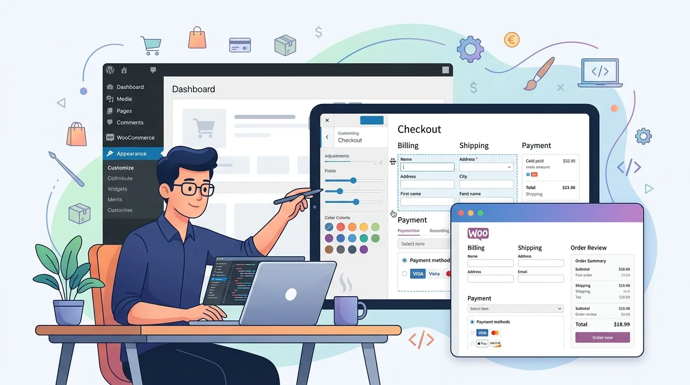 WooCommerce store owner adjusting checkout fields on a laptop screen displaying the how to edit woocommerce checkout page interface.