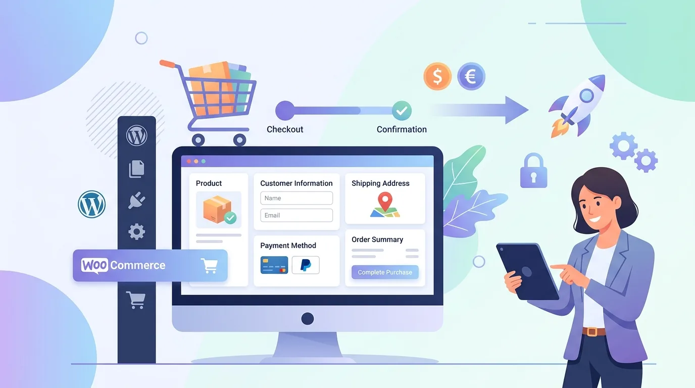 Business owner reviewing a streamlined one-page checkout interface on a laptop displaying high conversion metrics