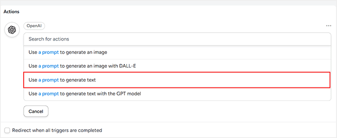 Select 'Use a prompt to generate text' as the OpenAI trigger Select 'Use a prompt to generate text' as the OpenAI trigger
