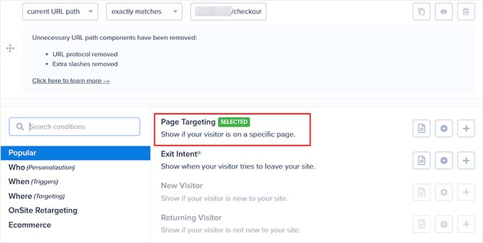 Add checkout page as the display rule OptinMonster Page Targeting