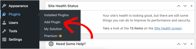 The Add Plugin submenu under Plugins in the WordPress admin area The Add Plugin submenu under Plugins in the WordPress admin area