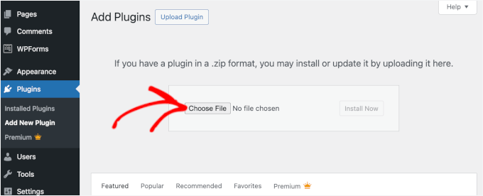 Select plugin zip file to upload and install in WordPress Select plugin zip file to upload and install in WordPress