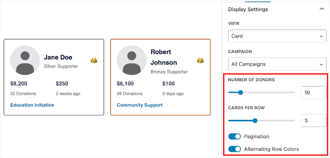 Adjusting the number of donors and pagination Adjusting the number of donors and pagination